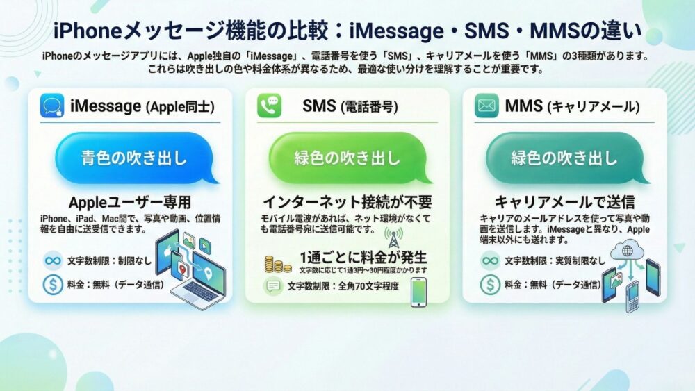 iMessage・SMS・MMSは何が違う?特徴や文字数、料金の違いについて imessage%E3%81%AE%E5%9F%BA%E6%9C%AC%E3%81%A8%E6%B4%BB%E7%94%A8%E8%A1%93 - iMessage・SMS・MMSは何が違う?特徴や文字数、料金の違いについて