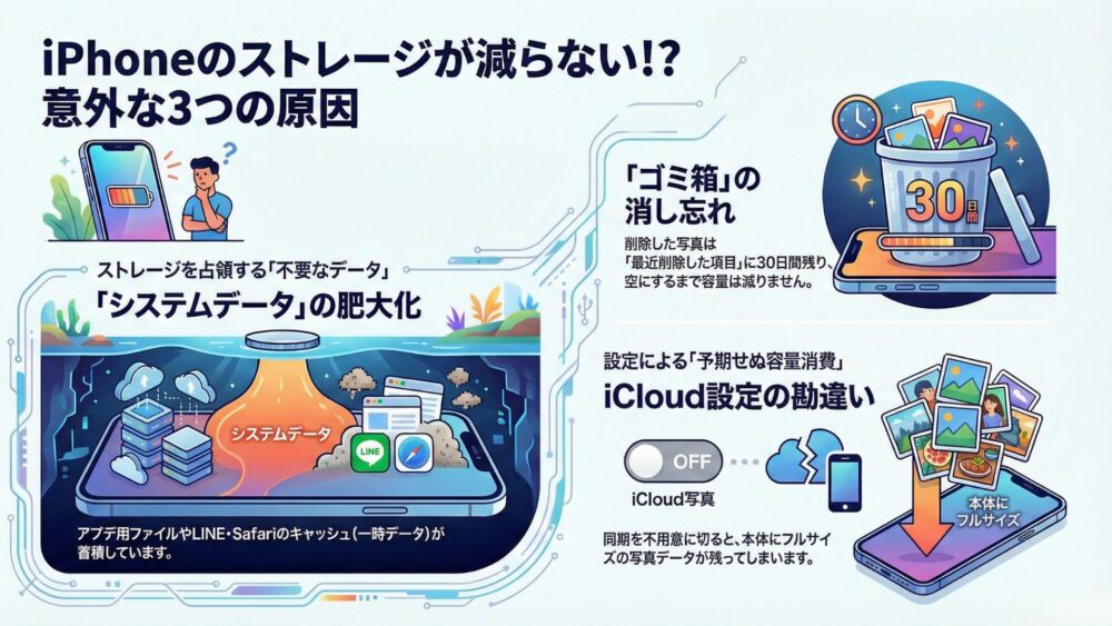【2026年版】iPhoneのストレージが減らない原因と対処法!システムデータを劇的に減らす5つの手順と原因 iPhone%E3%81%AE%E3%82%B9%E3%83%88%E3%83%AC%E3%83%BC%E3%82%B8%E3%81%8C%E6%B8%9B%E3%82%89%E3%81%AA%E3%81%84%E6%84%8F%E5%A4%96%E3%81%AA3%E3%81%A4%E3%81%AE%E5%8E%9F%E5%9B%A0 - 【2026年版】iPhoneのストレージが減らない原因と対処法!システムデータを劇的に減らす5つの手順と原因