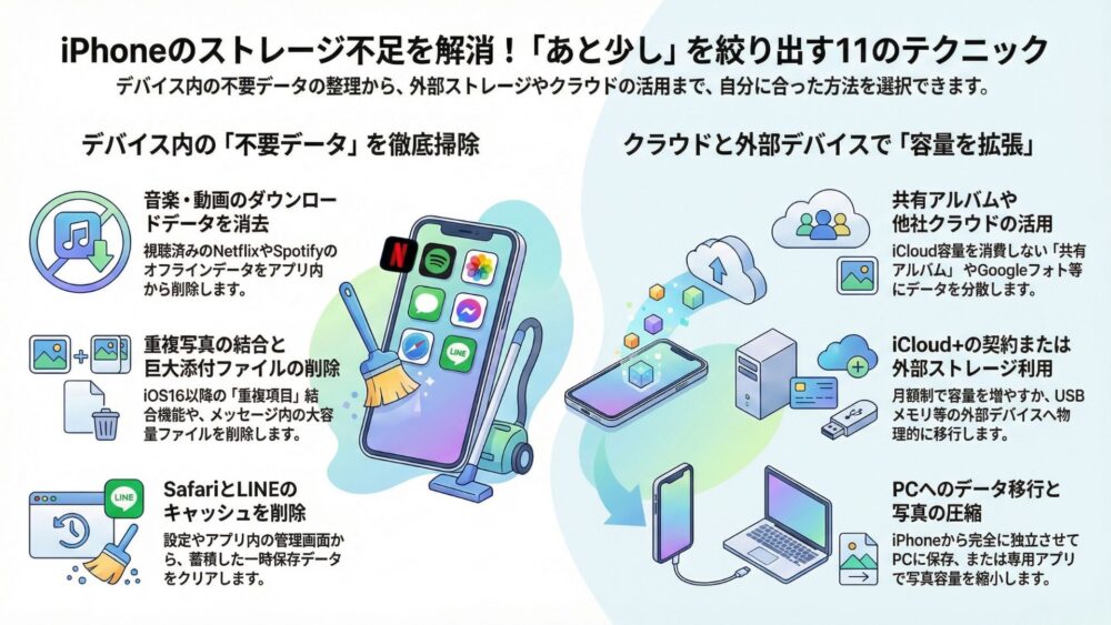 【2026年版】iPhoneのストレージが減らない原因と対処法!システムデータを劇的に減らす5つの手順と原因 iPhone%E3%81%AE%E3%82%B9%E3%83%88%E3%83%AC%E3%83%BC%E3%82%B8%E4%B8%8D%E8%B6%B3%E3%82%92%E8%A7%A3%E6%B6%88%EF%BC%81%E3%81%82%E3%81%A8%E5%B0%91%E3%81%97%E3%82%92%E7%B5%9E%E3%82%8A%E5%87%BA%E3%81%9911%E3%81%AE%E3%83%86%E3%82%AF%E3%83%8B%E3%83%83%E3%82%AF - 【2026年版】iPhoneのストレージが減らない原因と対処法!システムデータを劇的に減らす5つの手順と原因