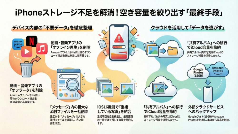 iPhoneのストレージ不足を解消。空き容量を絞り出す最終手段 - 【2026年版】iPhoneのストレージが減らない原因と対処法！システムデータを劇的に減らす5つの手順と原因
