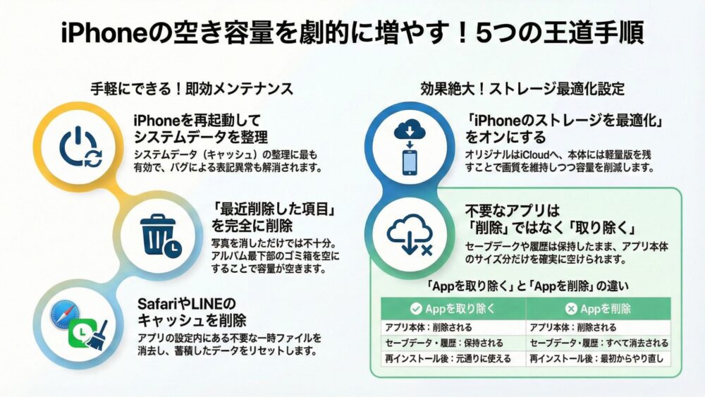 【2026年版】iPhoneのストレージが減らない原因と対処法!システムデータを劇的に減らす5つの手順と原因 iphone%E3%81%AE%E7%A9%BA%E3%81%8D%E5%AE%B9%E9%87%8F%E3%82%92%E5%8A%87%E7%9A%84%E3%81%AB%E5%A2%97%E3%82%84%E3%81%995%E3%81%A4%E3%81%AE%E7%8E%8B%E9%81%93%E6%89%8B%E9%A0%86 - 【2026年版】iPhoneのストレージが減らない原因と対処法!システムデータを劇的に減らす5つの手順と原因