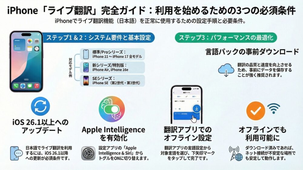 【iPhone】AirPods Pro3の『ライブ翻訳』日本語完全ガイド ライブ翻訳完全ガイド:利用を始めるための3つの必須条件 - 【iPhone】AirPods Pro3の『ライブ翻訳』日本語完全ガイド