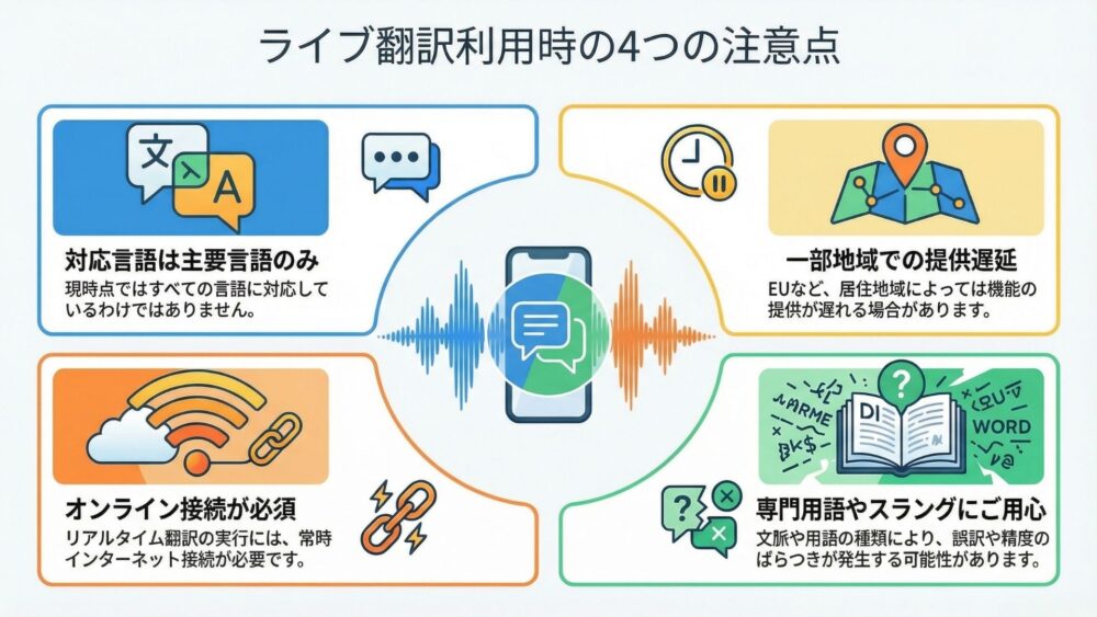ライブ翻訳利用時の4つの注意点 - 【iPhone】AirPods Pro3の『ライブ翻訳』日本語完全ガイド