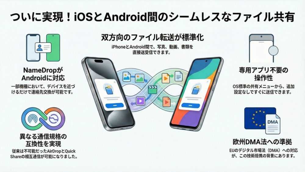 iOSとAndroid間のシームレスなファイル共有 1 - 【2026年最新】iPhoneからAndroidへAirDropで送る方法！公式連携の使い方と注意点