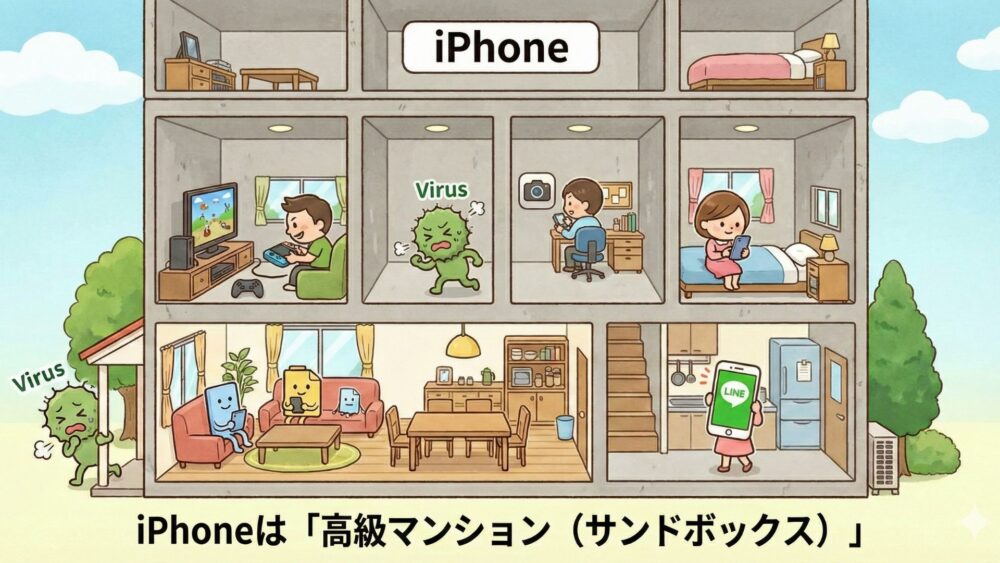 例えウィルスが侵入しても隔離されたサンドボックスで保護されるので他のアプリには影響しない