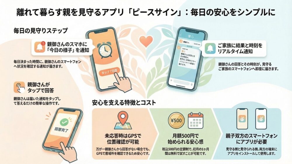 【両方使ってみた】高齢者見守りアプリ「ピースサイン」と「ピースサインライト」の違いとは?選び方を解説 %E3%83%94%E3%83%BC%E3%82%B9%E3%82%B5%E3%82%A4%E3%83%B3%E3%82%B7%E3%83%AA%E3%83%BC%E3%82%BA 1 - 【両方使ってみた】高齢者見守りアプリ「ピースサイン」と「ピースサインライト」の違いとは?選び方を解説